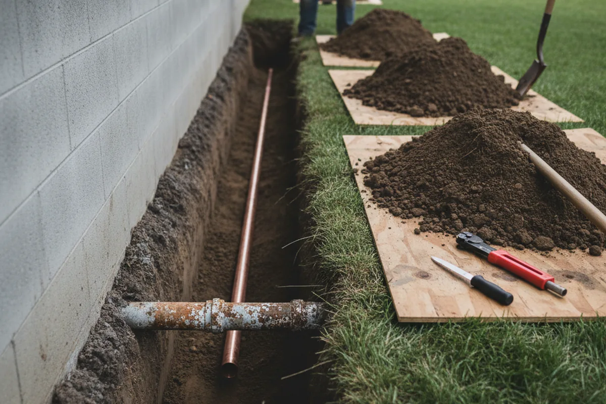 Excavated water line trench during Water Softener Installation in Flandreau